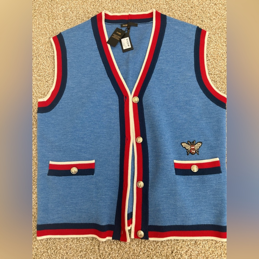 Maje Blue Knit Vest with Red and White Accents